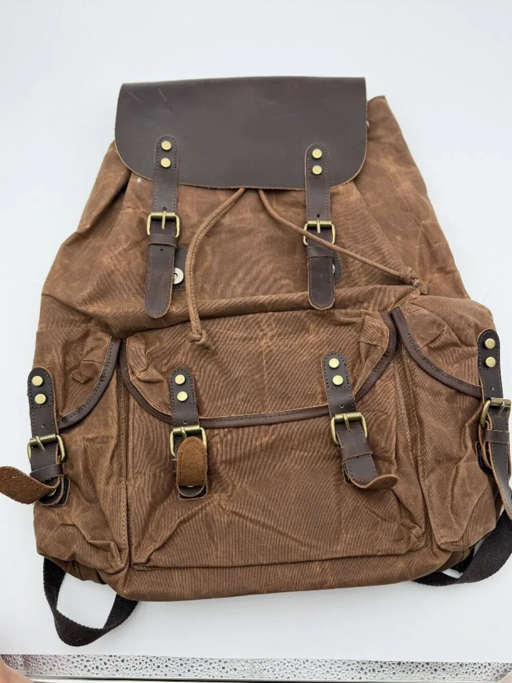 Waxed Canvas Leather Backpack Brown Drawstring Rucksack Brass Buckle Pockets